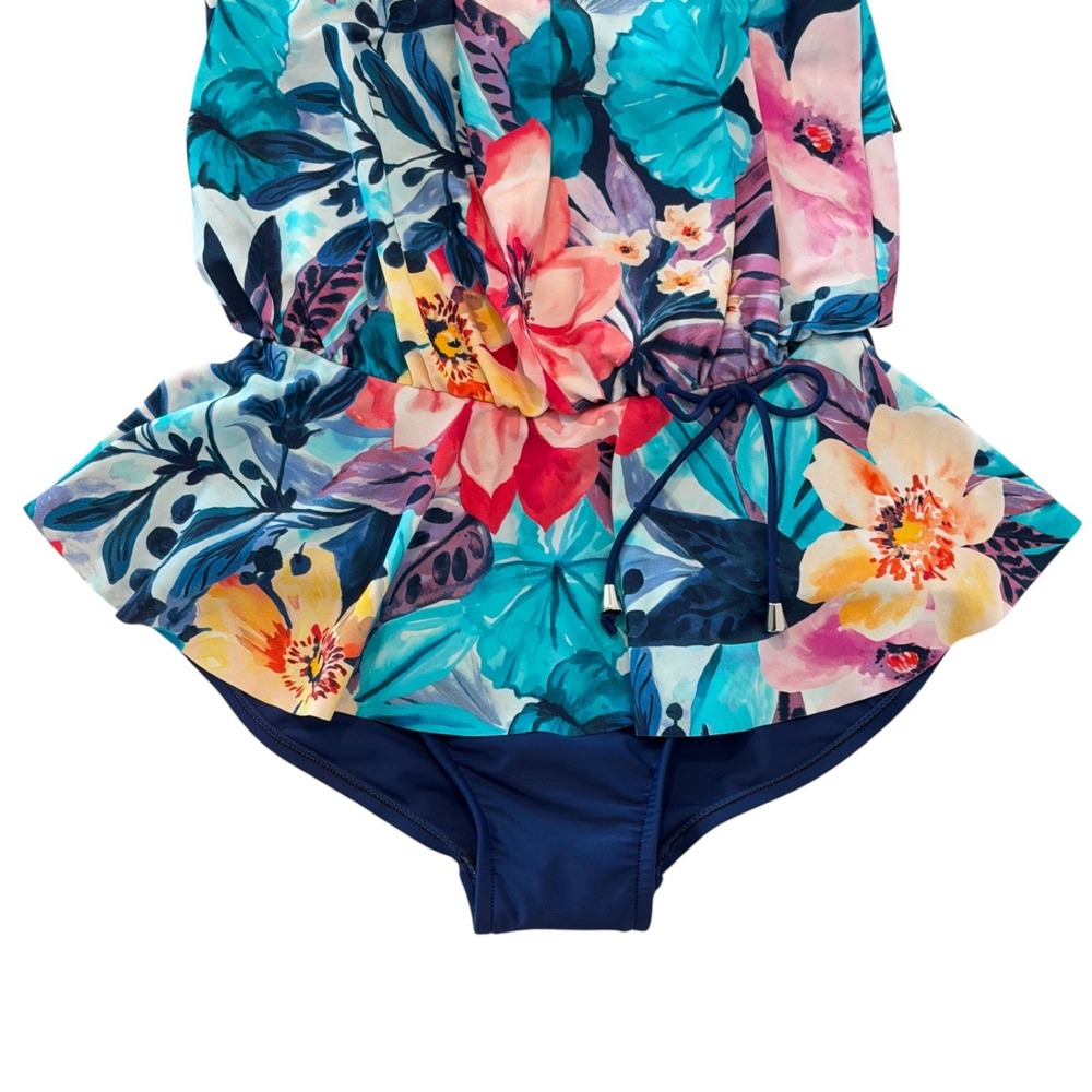 Maxine of Hollywood Tropical One Piece Swimsuit Sz 8 Peplum Slimming Adjustable - Picture 4 of 12